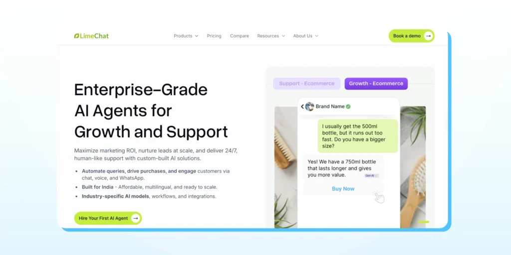 LimeChat landing page displaying a message about enterprise AI agents and an example chat showing product suggestions.