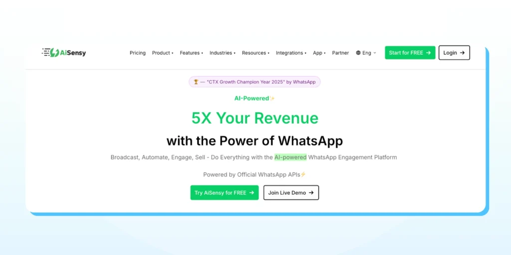 AiSensy home screen with a bold headline promoting revenue growth through WhatsApp and buttons for trying the platform or joining a live demo.