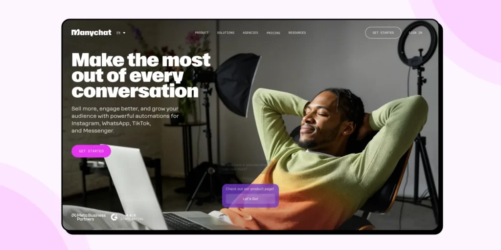 The homepage of ManyChat 