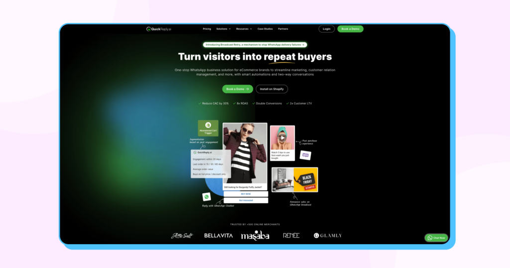 The homepage of QuickReply with CTAs 