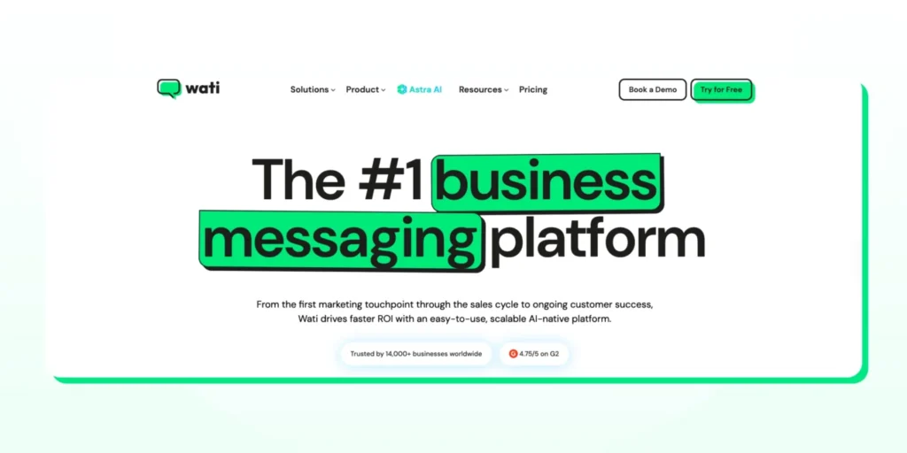 A screenshot of Wati’s homepage showing a headline calling it the number one business messaging platform, with options to book a demo or try for free.