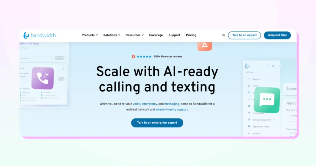 Bandwidth homepage showing its communication API platform with carrier-grade voice and messaging capabilities