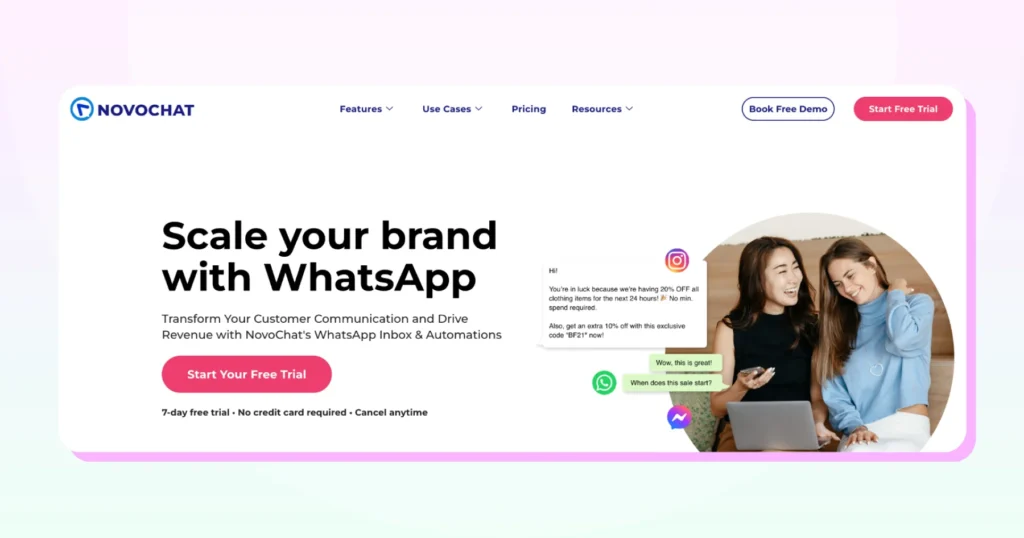 NovoChat homepage showcasing its WhatsApp-driven chat marketing and automation platform for brands