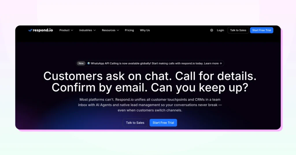 Respond feature page displaying its unified dashboard for managing conversations across WhatsApp, SMS, email, voice, and multiple social media channels.