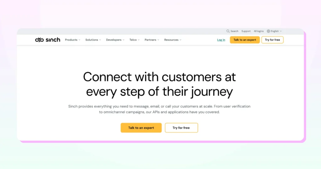 Sinch homepage highlighting its global cloud communications platform built for high-volume messaging, offering WhatsApp, SMS, RCS, voice, and email APIs