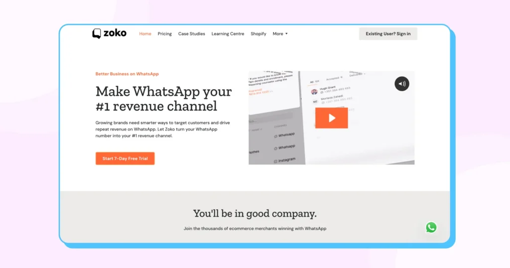 Zoko's homepage with a CTA for WhatsApp growth options 