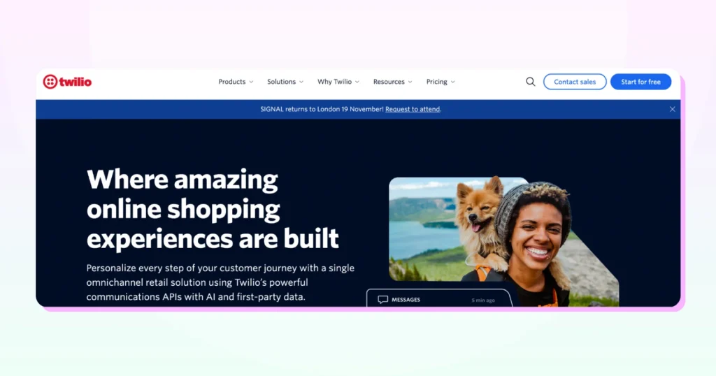 Twilio WhatsApp API page displaying developer-friendly tools for programmable messaging and automated customer conversations.