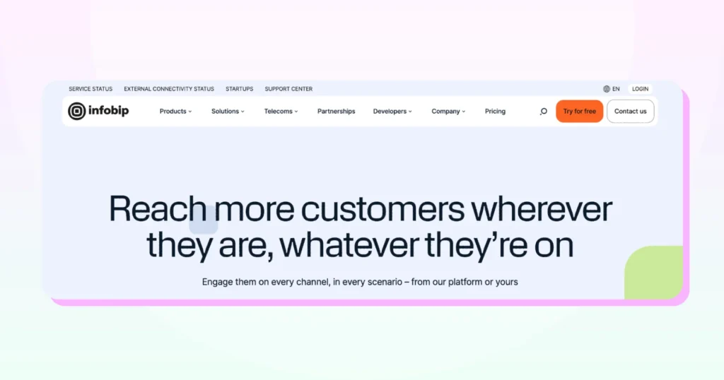 Infobip homepage featuring enterprise-grade messaging and automation tools built around the official WhatsApp Business API.