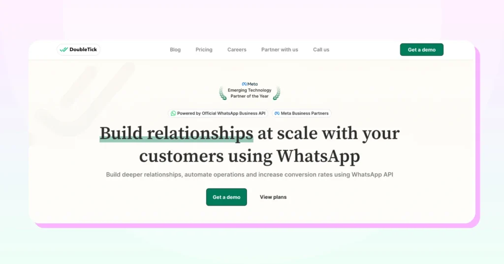 DoubleTick homepage showcasing its WhatsApp-based CRM tools, automation workflows, and customer engagement features.