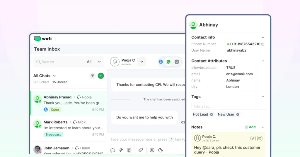 Wati’s shared team inbox interface showing multiple customer conversations, agent assignments, and detailed message insights.