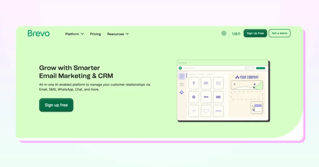 Brevo homepage highlighting multichannel campaign tools including WhatsApp, email, and SMS marketing options.