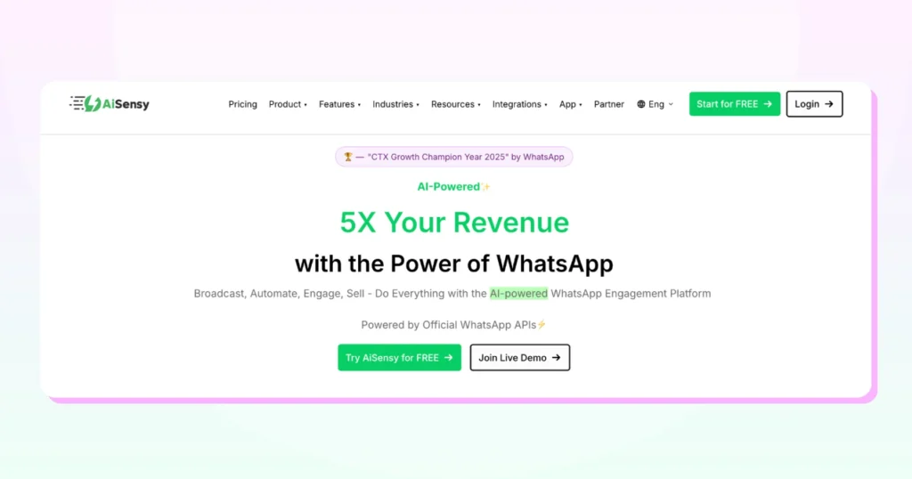 AiSensy homepage featuring tools for WhatsApp marketing, chat automation, and customer engagement.