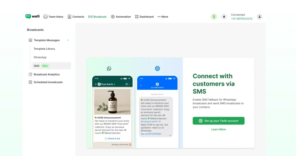 Wati platform showing unified WhatsApp and SMS broadcast interface.