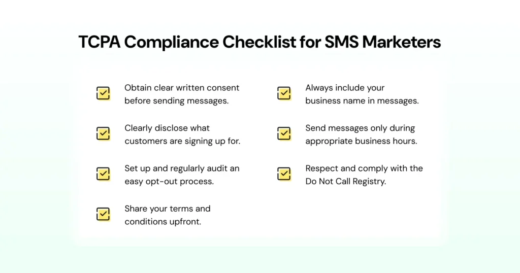 Key rules for SMS marketing compliance including consent and opt-out.