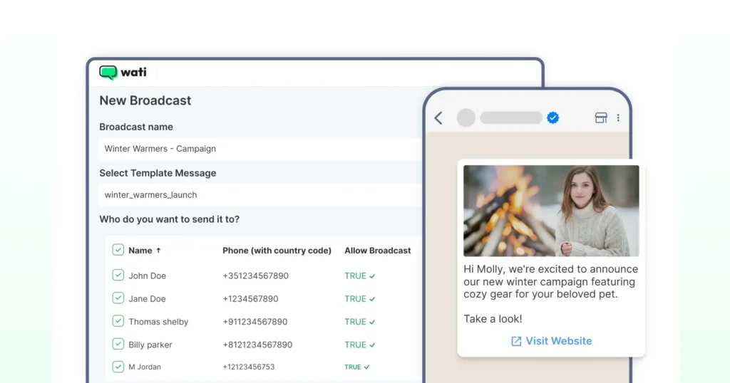 Sample Wati interface showing a new WhatsApp broadcast campaign.