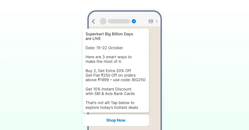 WhatsApp promotional message example with discounts and call-to-action.