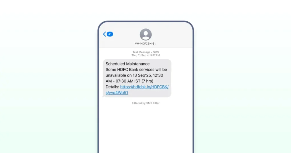 Sample SMS alert showing scheduled maintenance update from a bank.