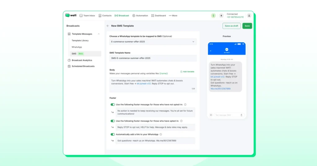 Creating SMS marketing template inside Wati for a fallback message