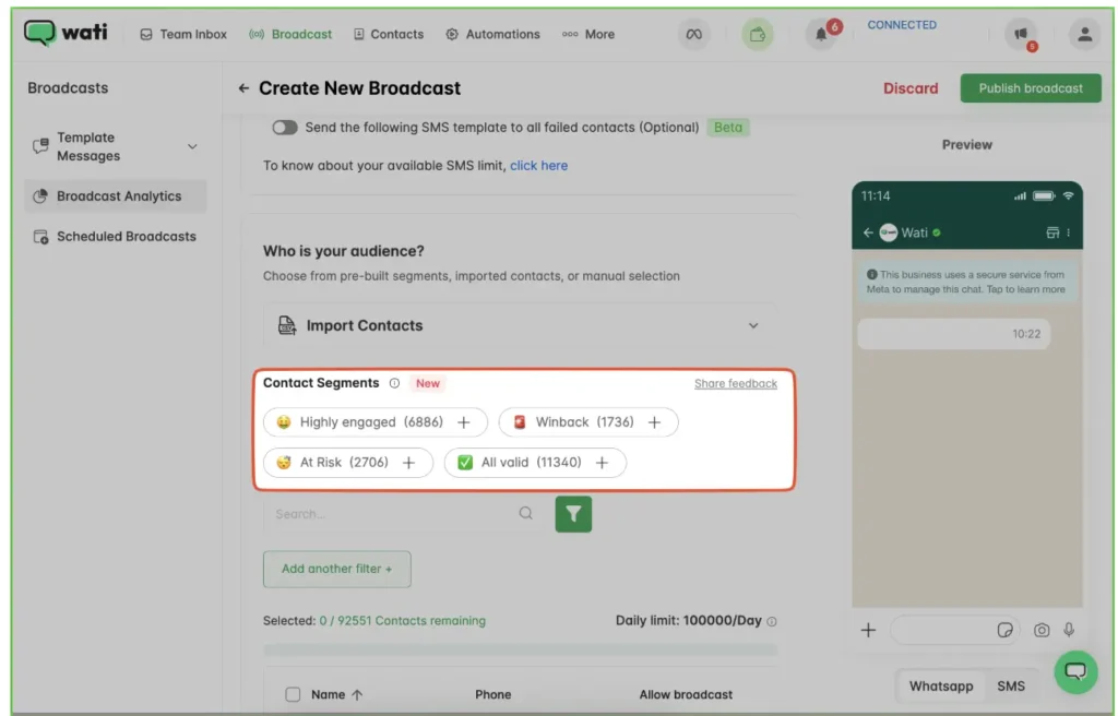 The Wati Broadcast dashboard displaying prebuilt contact segments such as highly engaged, winback, at-risk, and all valid, showing how users can target specific segments when creating a new WhatsApp or SMS broadcast.