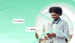 Young man smiling while looking at his phone on a green background with labels for AI products and search.