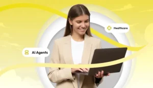 Woman smiling while using a laptop with labels highlighting AI agents and healthcare on a yellow themed design.