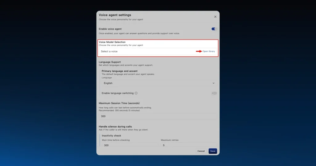 Voice cloning option on Astra where users can select a certain voice tone, accent, and style