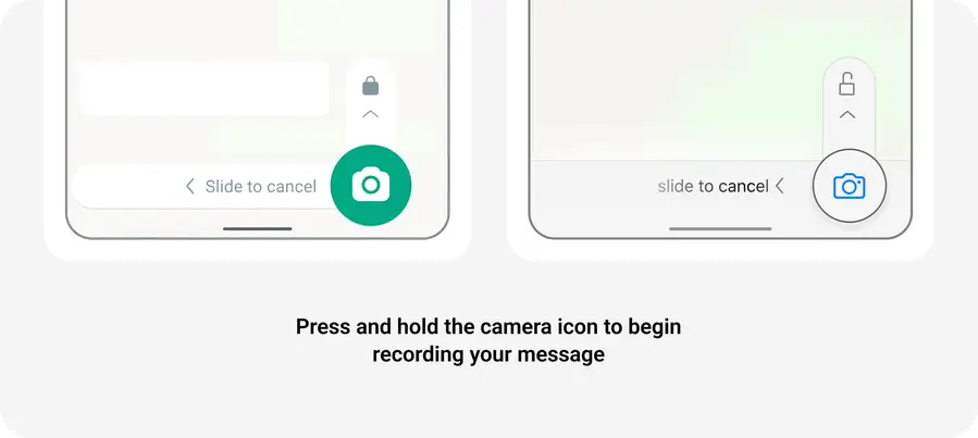WhatsApp chat screen showing the camera button being held to record a short video note.