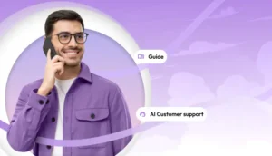 Man smiling while talking on a phone, wearing glasses and a purple jacket, with a soft purple background and small labels that say Guide and AI Customer support.
