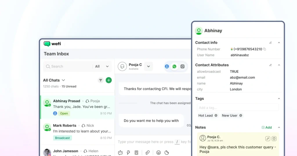 Wati’s shared team inbox in action, showing multiple team members collaborating to manage WhatsApp conversations efficiently