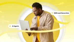 A man wearing glasses and a beige jacket works on a laptop against a bright yellow background, with small labels reading AI Agents and B2B Lead Generation floating around him.