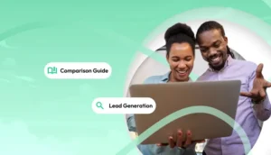A smiling couple looking at a laptop together, with floating labels that read Comparison Guide and Lead Generation against a green abstract background.