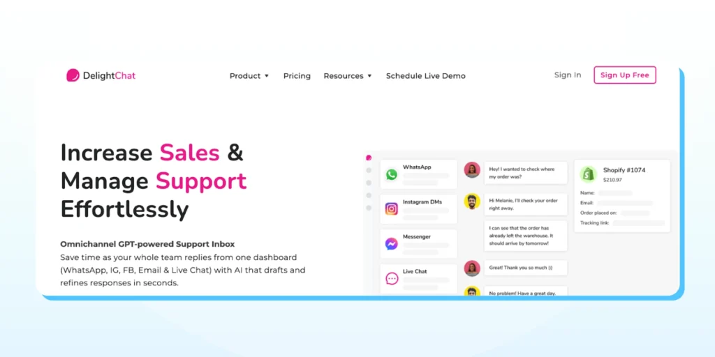 DelightChat landing page showing a support inbox interface with WhatsApp, Instagram DMs, Messenger, and Shopify order details.