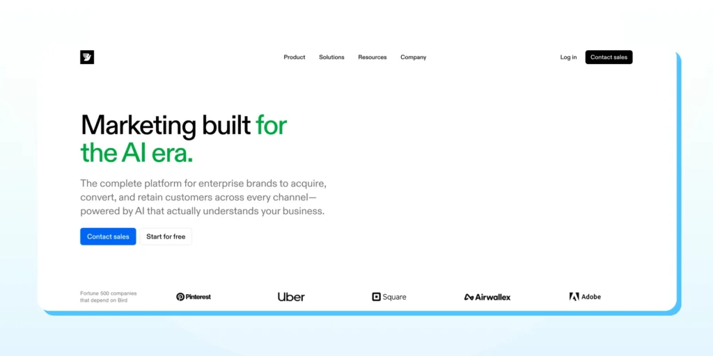 Bird platform homepage displaying a minimal white layout with a message about AI-driven marketing and buttons for contacting sales or starting a trial.