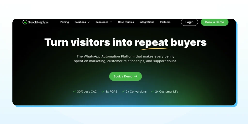 QuickReply.ai homepage showing a dark background with text about converting visitors into repeat buyers and a button to book a demo.