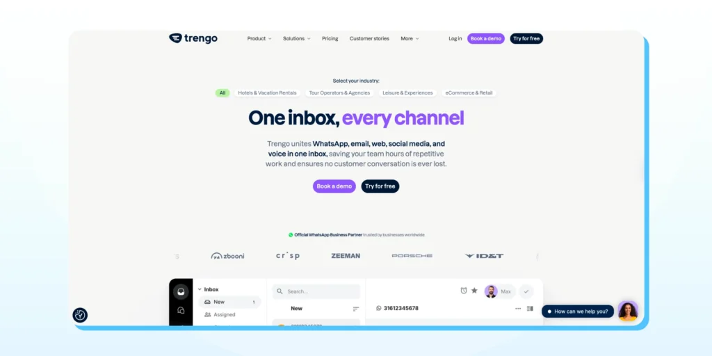 Trengo website banner with a tagline about unifying messages across WhatsApp, email, social media, and voice in one inbox.