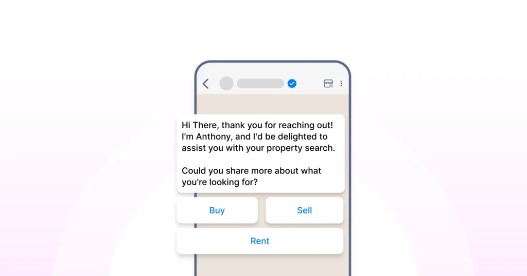 An automated WhatsApp message responding to a customer inquiry about a property, providing instant acknowledgment and next steps