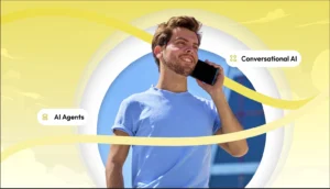 A person outdoors talking on a phone, with visual callouts pointing to AI agents and conversational AI on a bright, illustrated background.