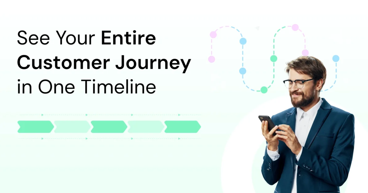 A man in a blue blazer looking at his phone while a dotted journey path illustration appears behind him, highlighting the idea of seeing the full customer journey in one place.