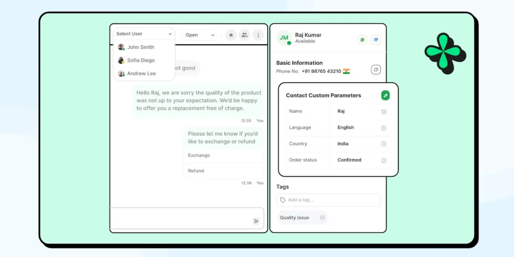 Support agent view showing customer details, tags, order status, and response options in one panel