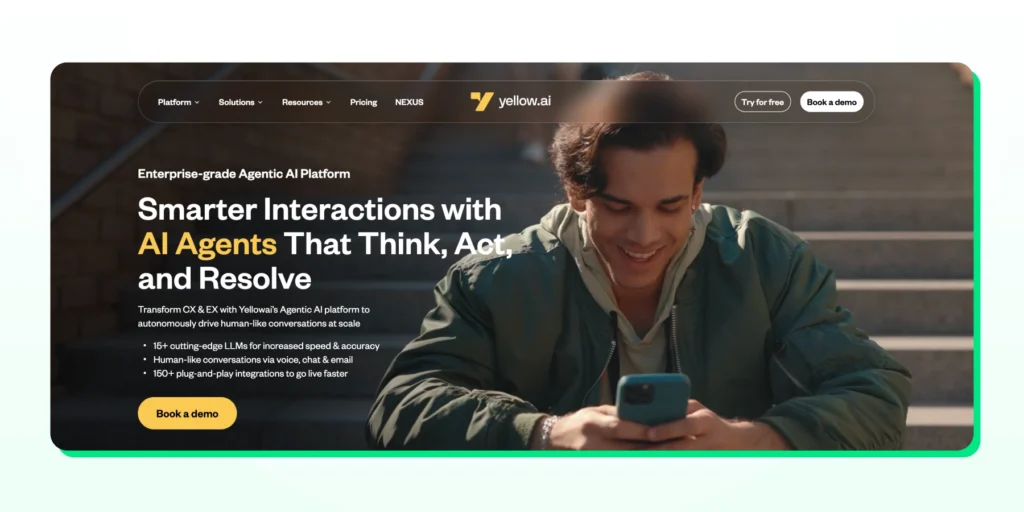 Homepage of Yellow.ai for conversation automation and customer personalization