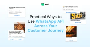 Visual showing multiple WhatsApp message examples across the customer journey, including onboarding, offers, reminders, and purchases.
