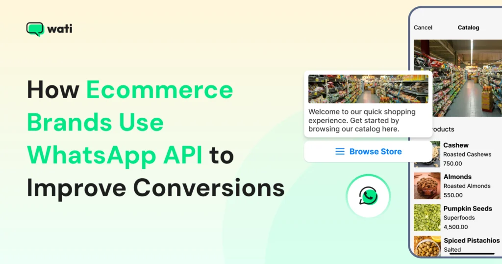 Illustration showing a mobile shopping catalog experience with products listed and a prompt to browse items inside a chat interface