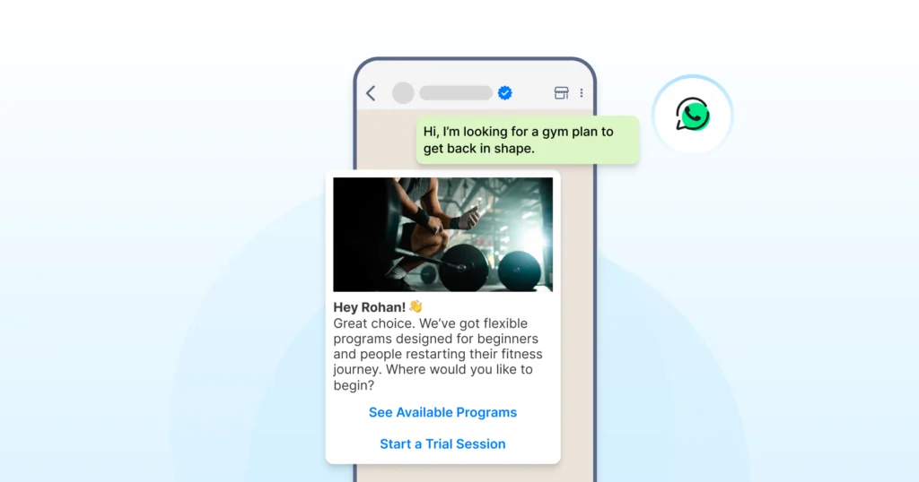 WhatsApp conversation recommending beginner-friendly gym programs with options to view plans or start a trial
