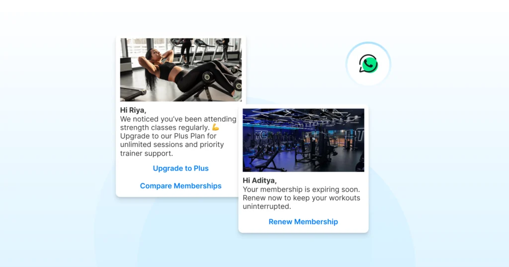 Automated WhatsApp messages promoting a membership upgrade and renewal based on workout activity
