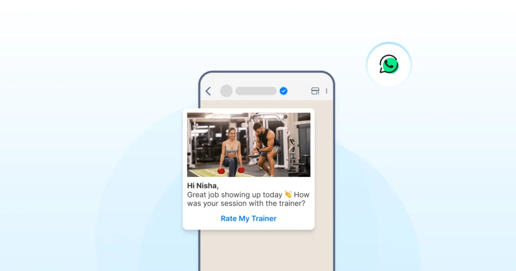 Post-workout WhatsApp message asking a member to rate their training session with a trainer