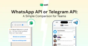 Visual comparison of WhatsApp and Telegram app interfaces, showing a business chat flow on WhatsApp and a message list view on Telegram.