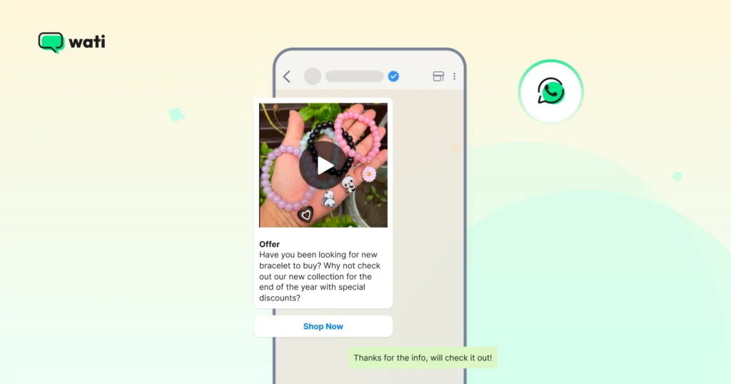 A WhatsApp message card displaying a product video with a shop button and a user replying to the message.