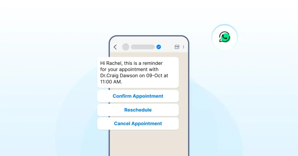 Appointment reminder message on WhatsApp with options to confirm, reschedule, or cancel.