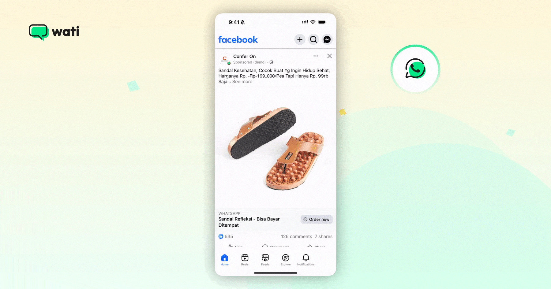 A phone screen showing a Facebook ad for a pair of sandals that opens into a WhatsApp chat after the user taps the ad.