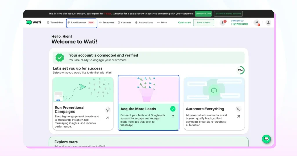 Wati onboarding screen highlighting options to run campaigns, acquire leads from ads, and set up automation for first-time users.